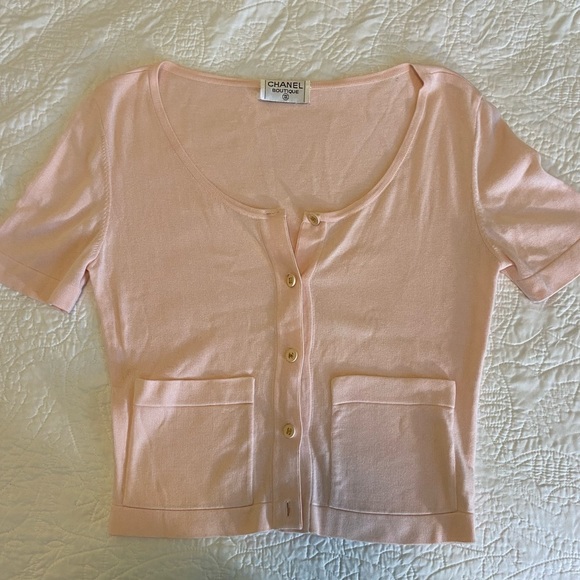 Authentic Vintage Chanel Light Pink Button Down Short Sleeve Cardigan Size 36